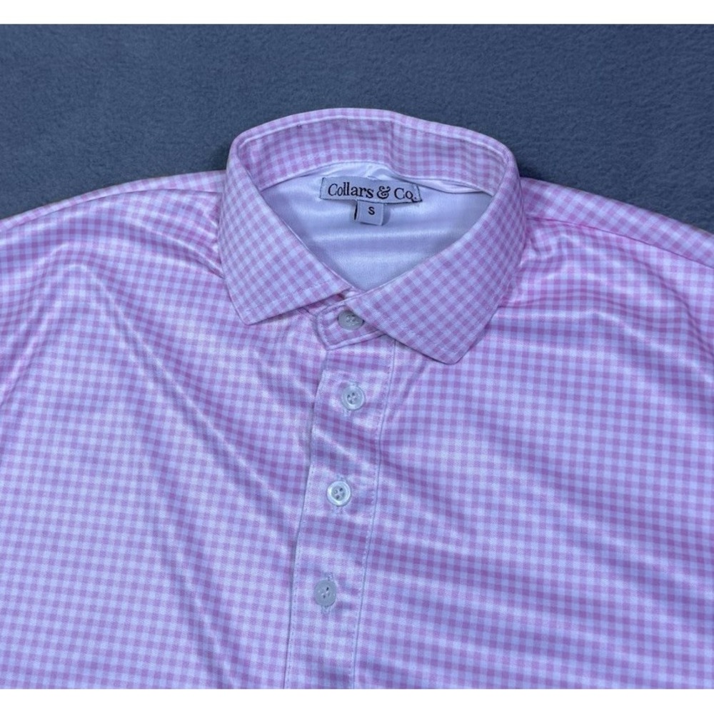 Collars and Co Polo Shirt Mens S Dress Collar Pink White Gingham Normcore Modern